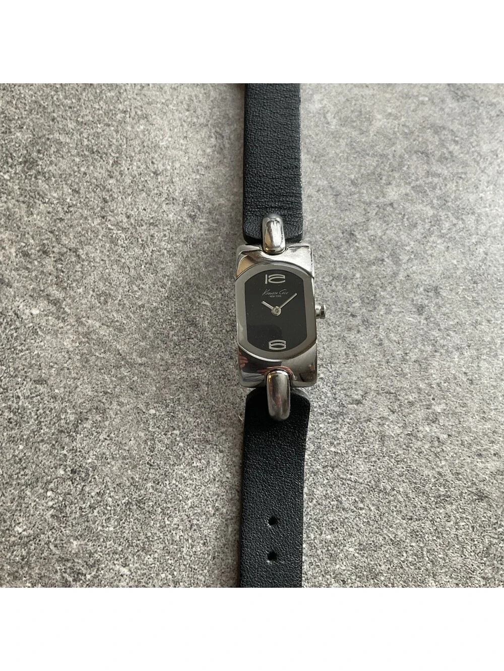 Kenneth Cole Womens Tank Style Watch 17mm Silver Tone Case Black Leather Band D2